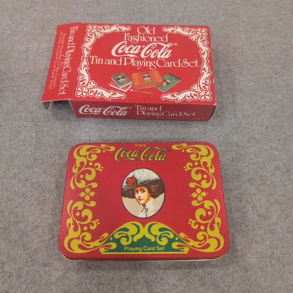 Old Fashioned Coca-Cola Tin and Playing Card Set 2 Decks Score Pad Pencil Red - Picture 3 of 4